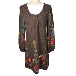 Aryeh Brown Long Sleeve Sweater Floral Embroidered Mini Dress Boho, Festive